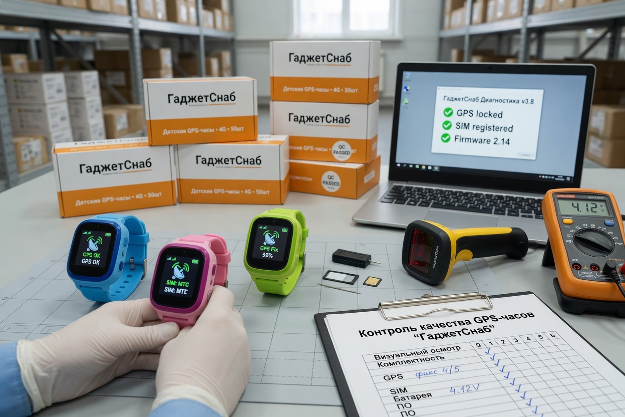 Top-down flat lay on a clean white workbench: three colorful kids’ GPS watches powered