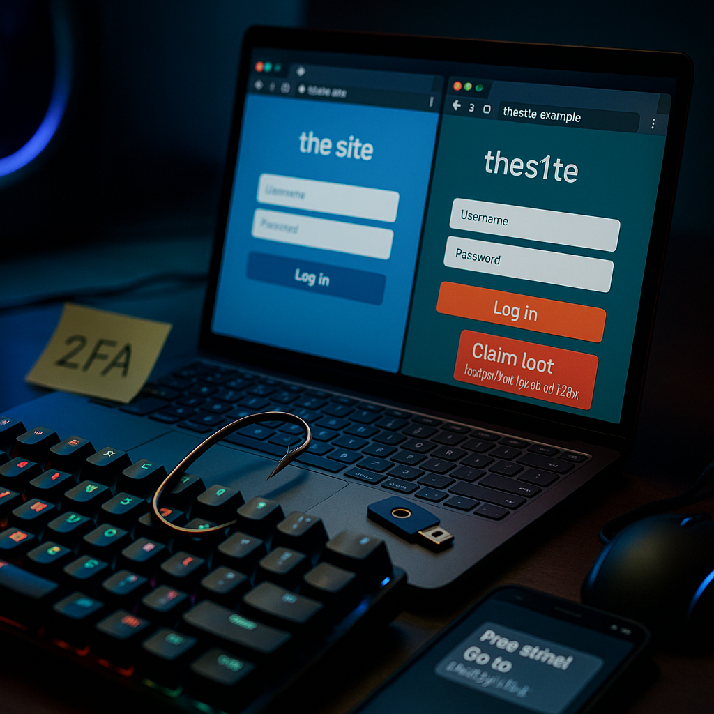 Nighttime gaming desk photo with a laptop showing a real the site login beside