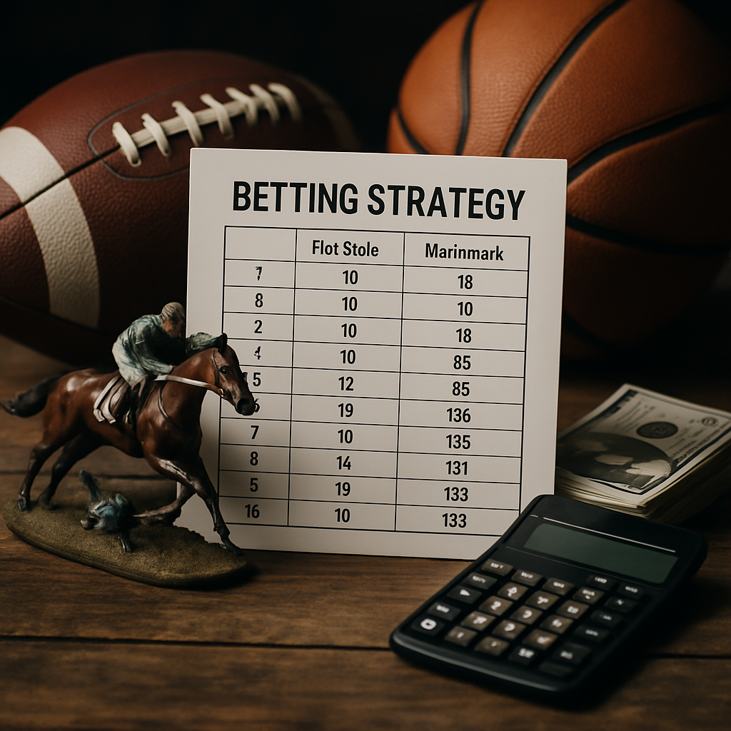 A still life depicting betting strategies with sports memorabilia, calculator, and money.
