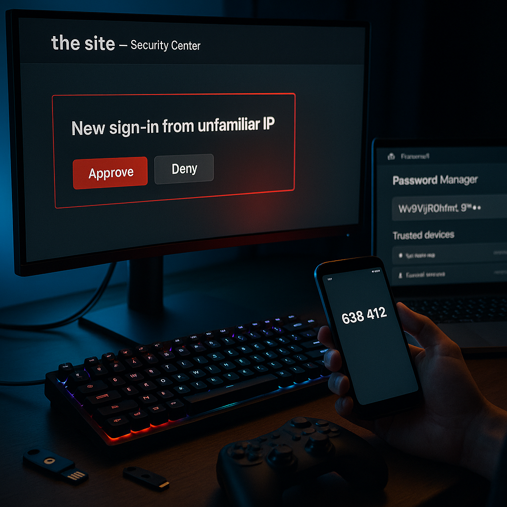 Gamer workstation at night with a security dashboard showing a new IP sign‑in alert,
