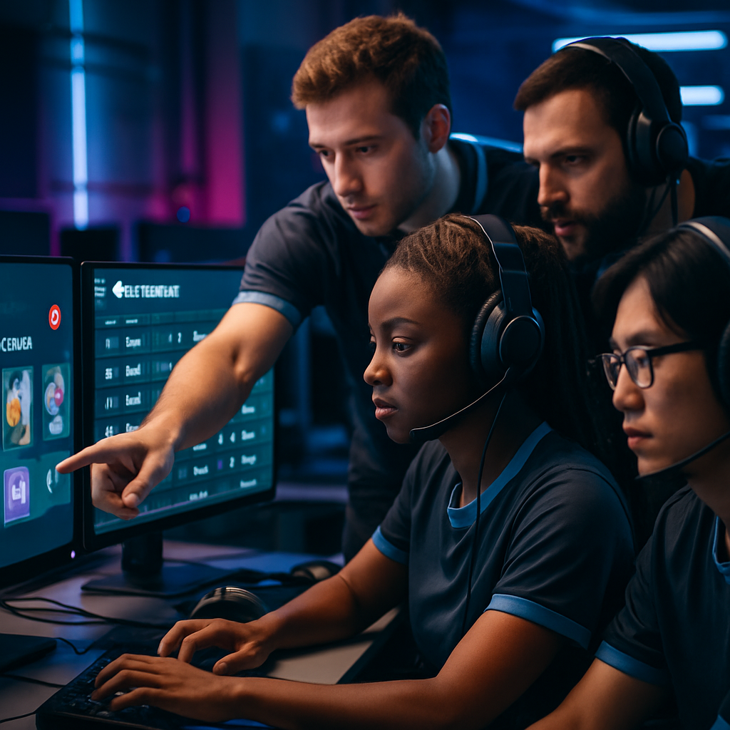 Image showing a diverse group of gamers analyzing personalized gaming habits through modern tech