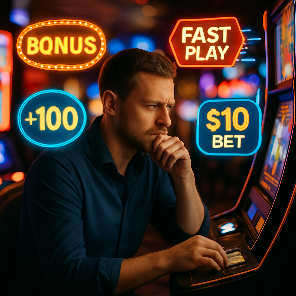 A casino slot machine scene illustrating a players choice between bonuses, quick games, and